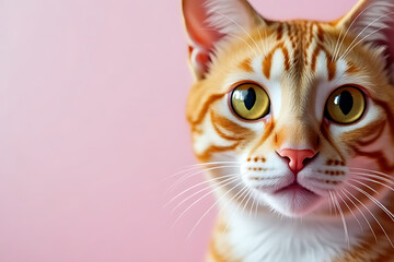 Wall Mural - close up portrait of orange tabby cat with striking green eyes against soft pink background, showcasing its detailed fur and expressive features. cats curious expression adds playful charm to image