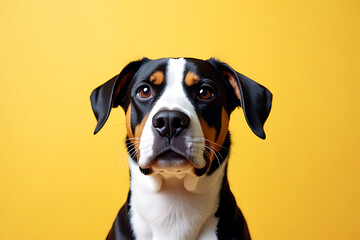 Wall Mural - close up portrait of dog with striking black, white, and tan coat against bright yellow background, showcasing its expressive eyes and attentive demeanor