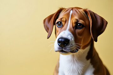 Wall Mural - close up portrait of dog with smooth coat and expressive eyes, set against soft yellow background, evokes sense of warmth and companionship