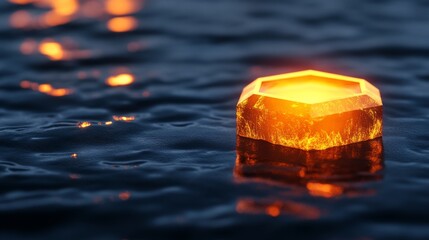 Wall Mural - Glowing hexagonal object sits partially submerged in dark water