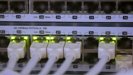 Wall Mural - connecting cable wires patch into data centers with led lights blinks. internet technology server 4k