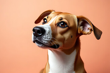 Wall Mural - close up portrait of dog with smooth coat and expressive eyes against soft orange background, showcasing its curious and attentive demeanor