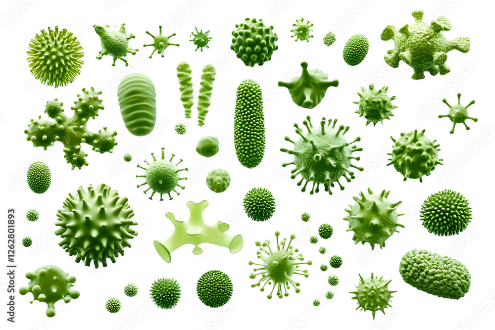 A collection of various green microbes and bacteria displayed on a ...