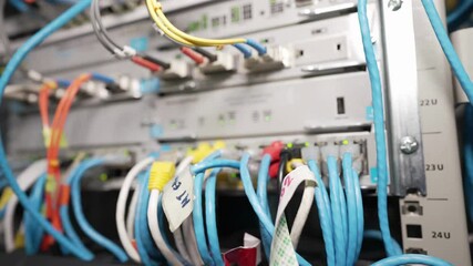 Wall Mural - Close up Ethernet cable on network switches light background Network internet cables data center.