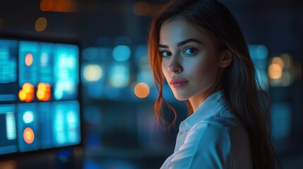 Attractive woman in white shirt in a high tech environment