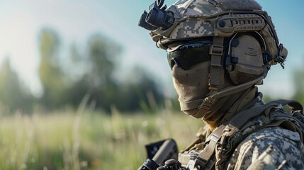 Aufkleber - A soldier stands alert in a lush field, wearing military gear and protective sunglasses. The sunlight filters through trees, highlighting his focused demeanor and readiness for action.