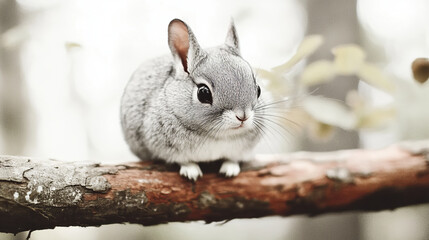 cute gray chinchilla sitting on branch in serene forest setting