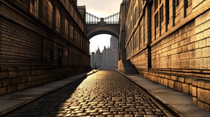 Wall Mural - serene cobblestone street leading to an arch bridge with historical buildings in the background