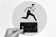 © deagreez - Creative poster collage of crazy little guy run buying e shop discount pay nfc huge credit card on surreal background