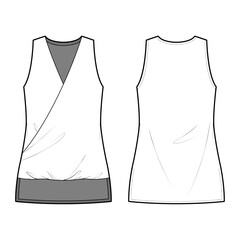 Wall Mural - Technical flat sketch of Crossover sleeveless tank top. Surprise blouse with knit back. Vector mock up Template. 