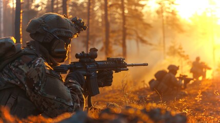 Aufkleber - Soldiers engage in tactical maneuvers while positioned in a forest as the sun sets, illuminating the environment with warm light and highlighting their preparedness for various missions.