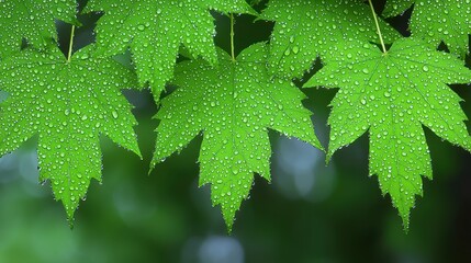 Wall Mural - vibrant green maple leaves with rain drops nature photography