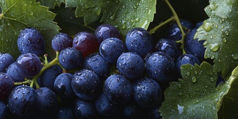 Freshly picked dark grapes with water droplets and green leaves in sunlight