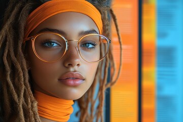 Wall Mural - Portrait of a young woman with glasses wearing an orange headband in a vibrant urban setting