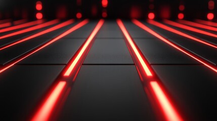 Wall Mural - Red illuminated lines on a dark tiled futuristic floor