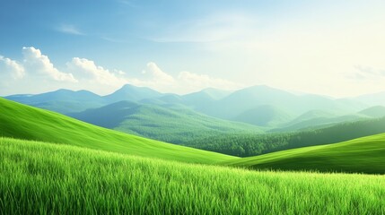 Wall Mural - Lush Green hill Under a Bright Sky with Soft Clouds and Distant mountain, Ideal for Nature Themes