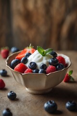 Poster - Fresh berries with whipped cream served in a vintage bowl on a rustic wooden table