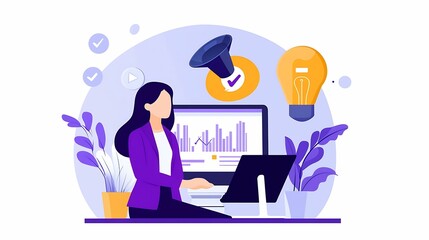 Wall Mural - e-commerce growth sales optimization. a woman works on a laptop surrounded by charts, a plant, and l
