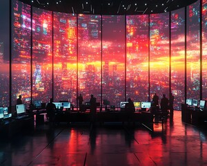 Poster - Futuristic Corporate Office with Holographic Project Plans and Vibrant Teams