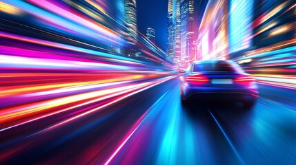 Wall Mural - Dynamic cityscape at night with a car speeding through vibrant light trails and skyscrapers