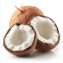 Freshly open coconut halves with white flesh and brown shell, isolated on white background