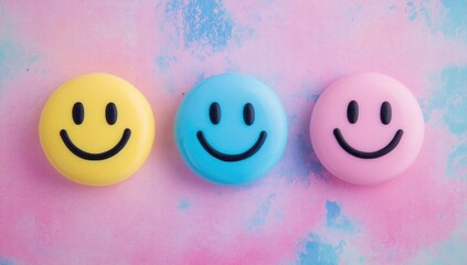 Three smiley face icons in pink, yellow, and blue on a pastel background, representing a positive emotions concept.