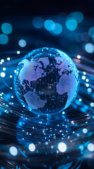Wall Mural - a creative image featuring a globe surrounded by brightly glowing fiber optic cables vertical - blue