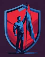 A modern vector illustration of a confident man holding a waving flag, symbolizing leadership, pride, and determination with bold colors and dynamic design.