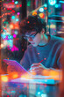 © SuperGlück - Young man engaged in creative work with digital tablet surrounded by colorful lights in a cozy, vibrant space