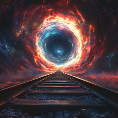 Wall Mural - creates a stunning cosmic tunnel effect along a railway track leading into the unknown. Generative AI