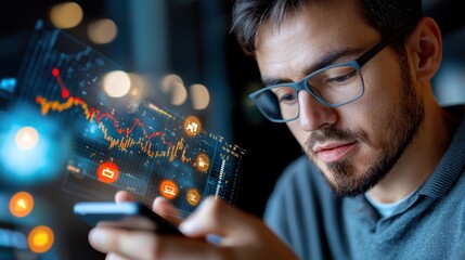 Wall Mural - futuristic business analytics scene with hands interacting with a digital dashboard interface showca