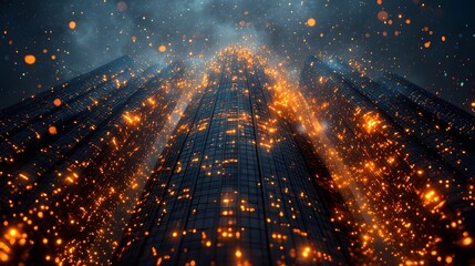 Poster - Surreal Glowing Streams of Digital Data Flowing Through Corporate Skyscraper Symbolizing Innovation and Technology