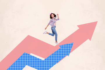 Wall Mural - Trend artwork creative sketch 3D photo collage of arrow growth young lady run up success competition development achievement ambition