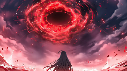 Wall Mural - Girl standing in front of a red circle while a legendary anime scientist gazes into the depths of the scene with a focused expression