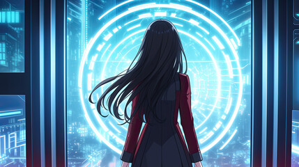 Wall Mural - Girl in red coat standing in front of futuristic cityscape with digital elements and anime style featuring a researcher in a high-tech environment