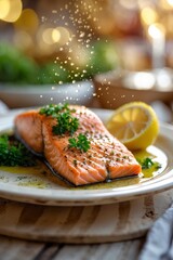 Wall Mural - Deliciously prepared salmon garnished with herbs and lemon in a cozy dining setting during an evening meal