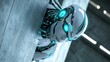 © suyu - Humanoid robot spying behind the wall in a futuristic environment. Advanced robotics, surveillance technology, artificial intelligence, and digital espionage concept in a 3D illustration
