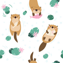 Wall Mural - Seamless patterns with cute otters floating among water lilies