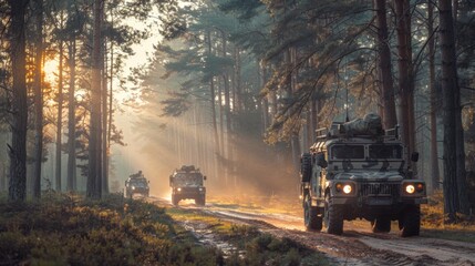 Poster - A convoy of military vehicles moves along a dirt road in a forest at dawn, with rays of sunlight filtering through the trees, illuminating the tranquil scenery.