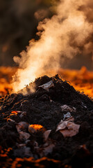 Wall Mural - a compost heap steaming in the morning light in a permaculture garden vertical - orange background