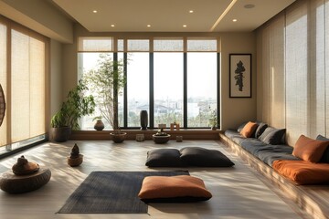 Wall Mural - Modern meditation room with cushions and plants enjoying sunlight