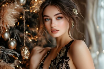 Wall Mural - elegant woman posing near decorated christmas tree