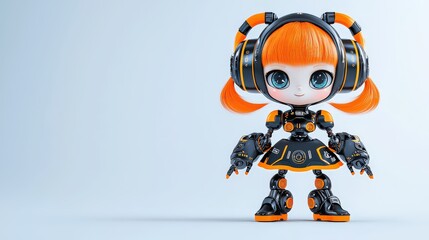 A cute robot witch toy in a black and orange dress with short red hair, designed in minimal modern motion style,  on a light , perfect for video content.
