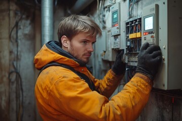 Poster - Electrician working on control panel in basement