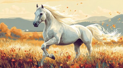 Wall Mural - white horse running in autumn field with falling leaves