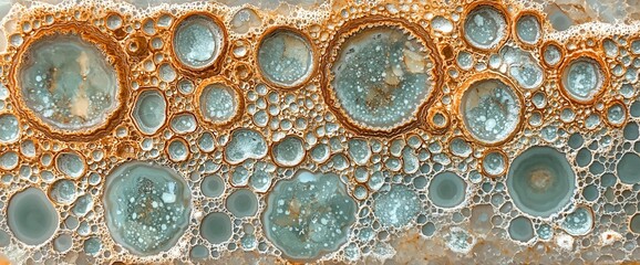 Abstract teal and orange bubble texture; science background