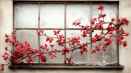 Canvas Print - Red vine on old window, autumn leaves, weathered wall, nature scene, stock photo