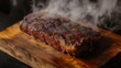 © nataliya_ua - Juicy steak sizzling on a wooden board, revealing rich aromas and perfectly grilled texture during evening meal. Generative AI