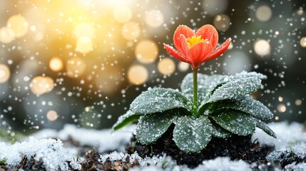 Canvas Print - Snow-covered flower, winter garden, bokeh background, greeting card