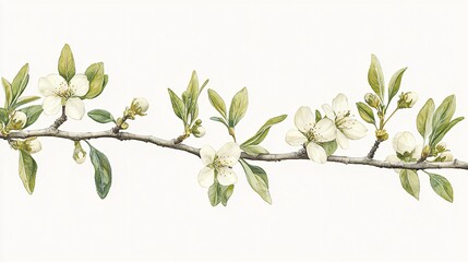 Wall Mural - Spring blossoms branch, white flowers, green leaves, isolated, nature design